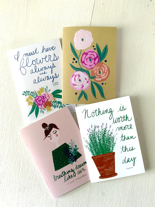 set of 4 illustrated notecards